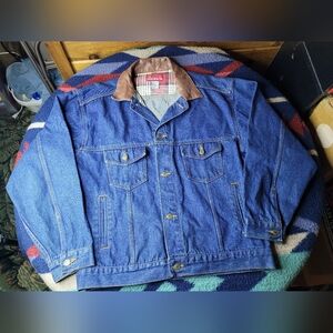 Vtg Marlboro Country Store Denim Jean Jacket Mens Large Button Up Leather Collar